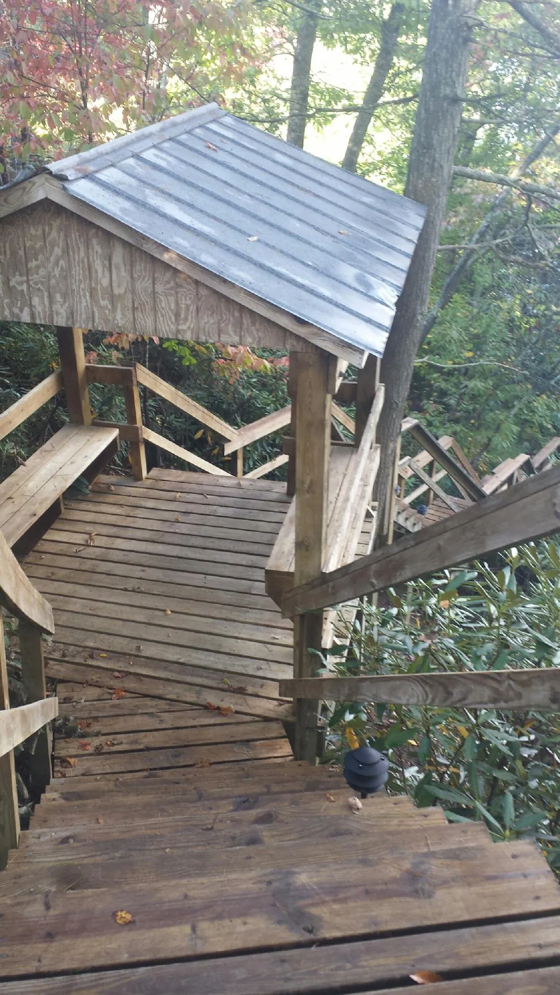 Metal roofed shelter over wooden steps on a wooded walkway — Skylight Repair & Installation work by our crew in Meridale